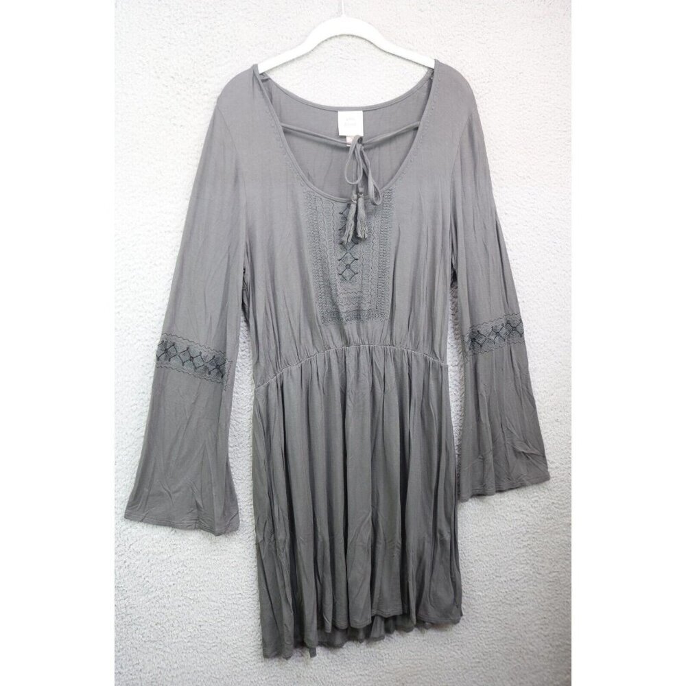 Knox Rose‎ Gray Embroidered Long Bell Sleeve Dress-Medium-Hippy-BOHO